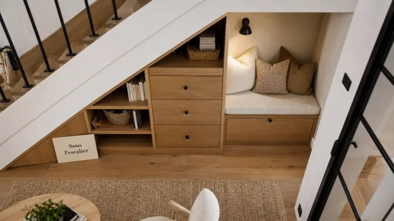 Aménagement sous escalier ouvert : rangement et coin cosy