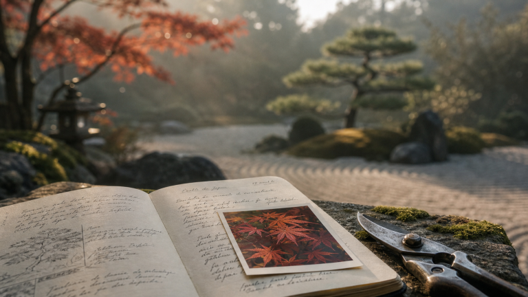 Arbres japonais : érable japonais et pin niwaki au jardin