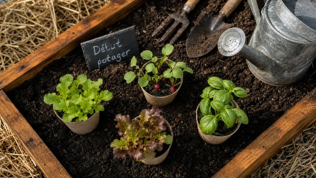 Potager débutant 6 m² avec semis radis salades basilic