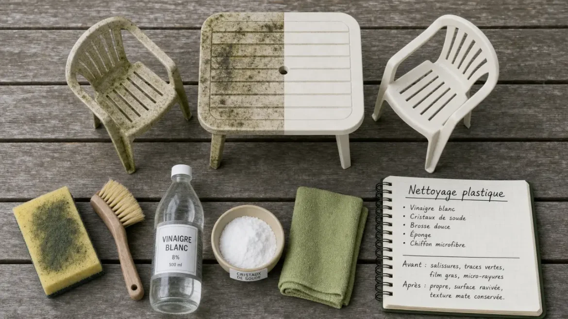 Avant/après : comment raviver un salon de jardin en plastique vert, traces vertes nettoyées et éclat ravivé