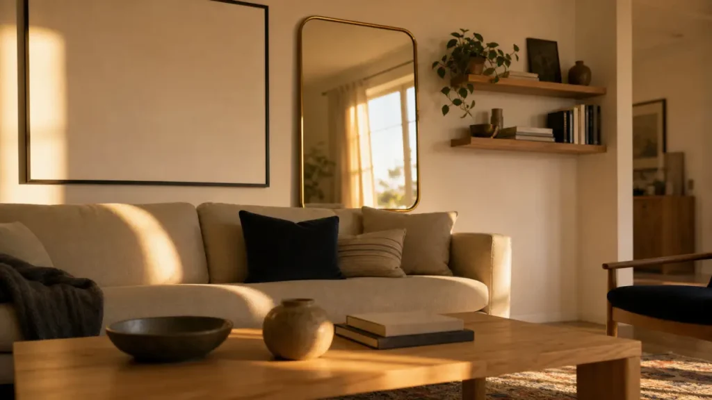 Decorer mur blanc avec cadres, etageres flottantes et miroir laiton