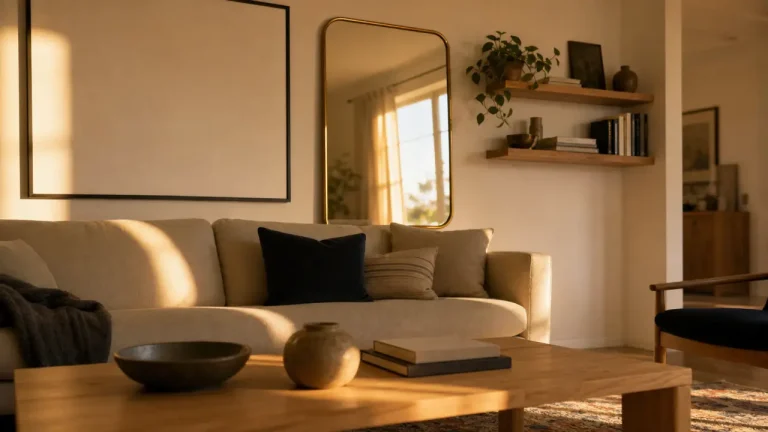 Décorer un mur blanc sans le surcharger : cadres, étagères et textures pour lui donner du caractère Decorer mur blanc avec cadres, etageres flottantes et miroir laiton