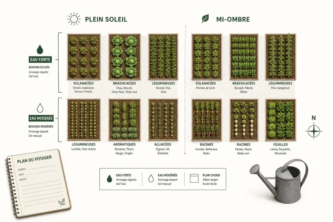 Comment organiser son potager : vue d’ensemble d’un jardin en planches de culture avec allées, zones de soleil et légumes regroupés par besoins