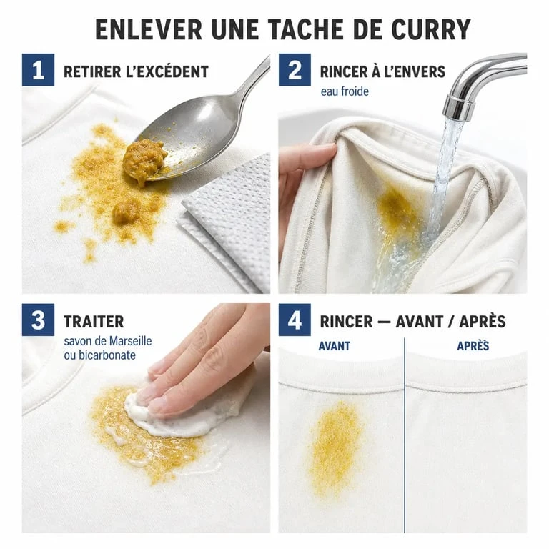 Enlever une tache de curry sur un vêtement avec des gestes simples, du retrait de l’excédent au rinçage et au détachage