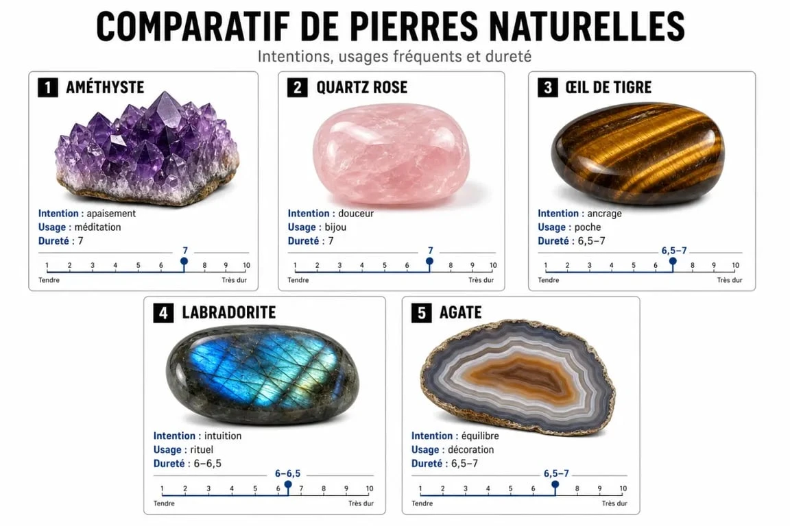 Comparatif des pierres naturelles avec intentions, usages et dureté