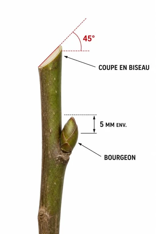 Schéma technique de la taille d'un camélia avec coupe en biseau à 45 degrés