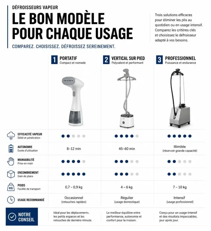 Quel defroisseur choisir : comparaison visuelle entre défroisseur portatif, vertical et professionnel