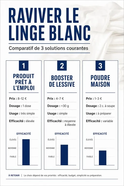 Comparatif visuel d’un produit blanchissant pour linge, entre produit prêt à l’emploi, booster de lessive et poudre maison