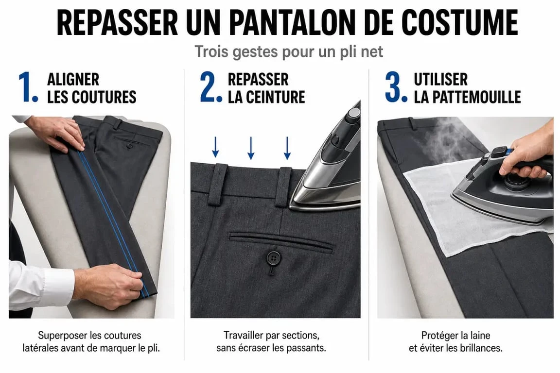 Étapes pour repasser un pantalon de costume avec précision et sans faux plis
