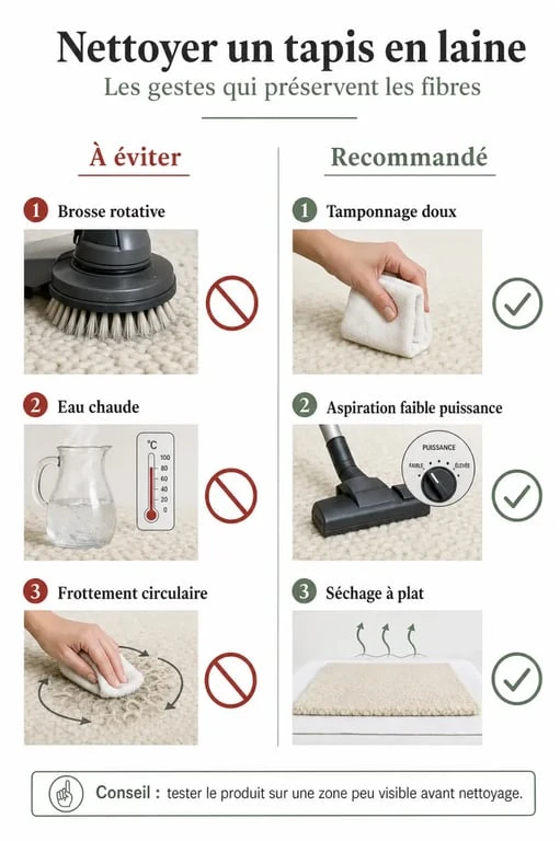 Infographie des gestes de nettoyage pour tapis en laine : les erreurs à éviter et les bonnes pratiques
