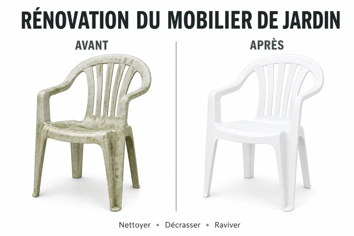 Rénovation d'un salon de jardin en plastique vert avant et après nettoyage