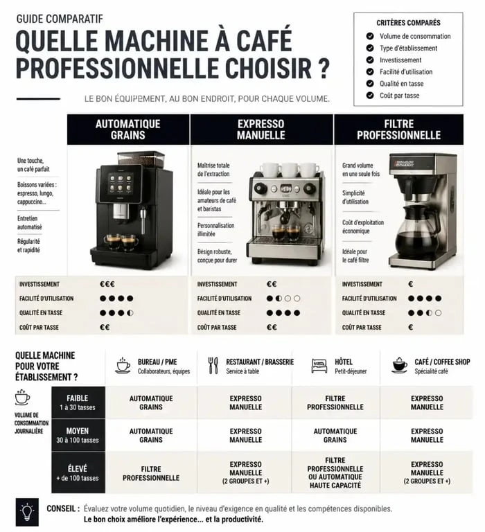 Comparatif des types de machines à café professionnelles selon le volume et l'usage pour choisir la meilleure machine à café professionnelle.