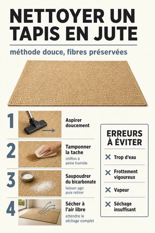 Nettoyer tapis jute : méthode douce, bicarbonate, tamponnage et erreurs à éviter