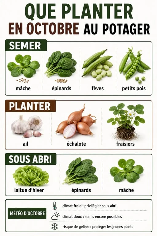 Infographie sur que planter en octobre au potager avec les cultures à semer, planter ou repiquer selon le climat