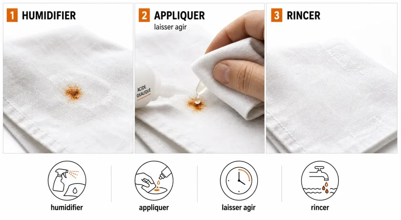 Tache de rouille sur coton : schéma visuel avant, pendant et après le détachage
