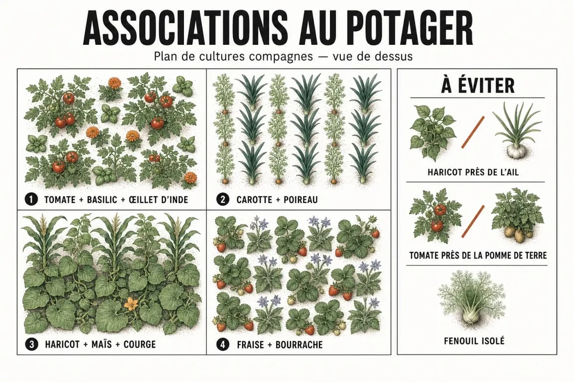 Association de plantes au potager : schéma des bonnes et mauvaises associations