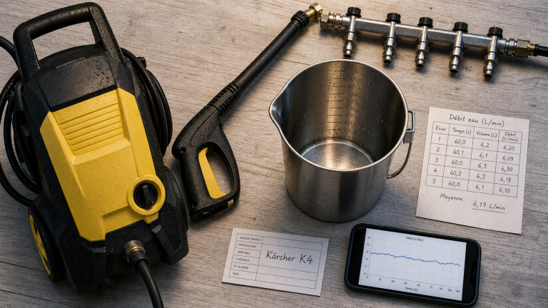 Kärcher consommation eau : 300 à 600 l/h selon le modèle et les réglages Karcher consommation eau : 300 à 600 L/h, débit mesuré
