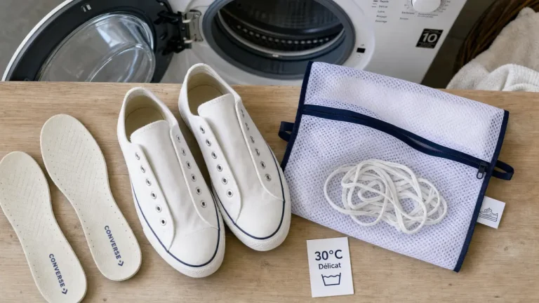 Laver des chaussures en machine : quelles paires passer au lave-linge, et lesquelles éviter ? Laver chaussures machine : baskets en toile dans un filet de lavage avec étiquette 30°C délicat