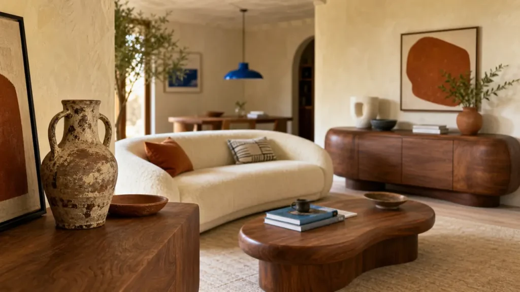 Meuble tendance 2025 : salon contemporain en noyer, terracotta et tissu ivoire