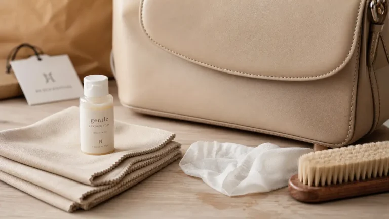 Nettoyer un sac en cuir : cuir lisse beige, chiffon microfibre, brosse douce