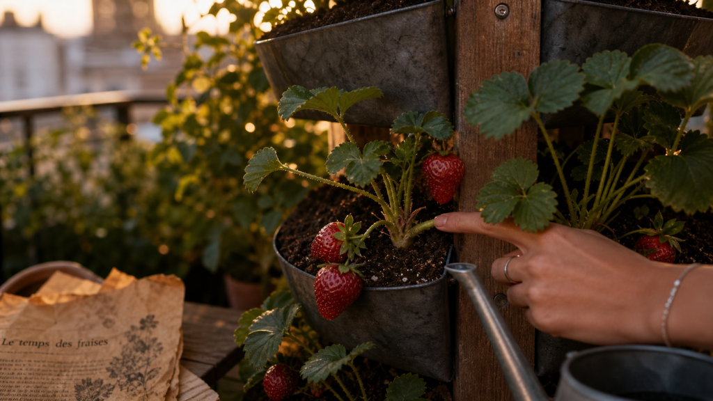Plantation fraisier en hauteur : tour de fraisiers sur balcon