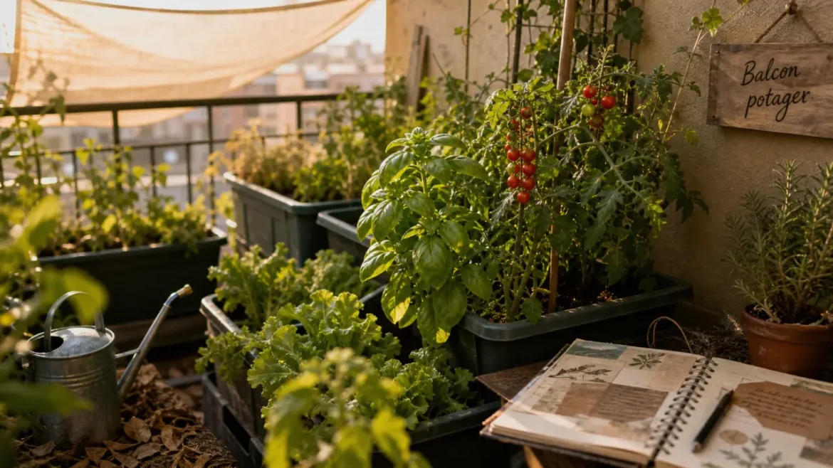 Potager sur balcon : tomates, basilic et salades en bacs de terreau