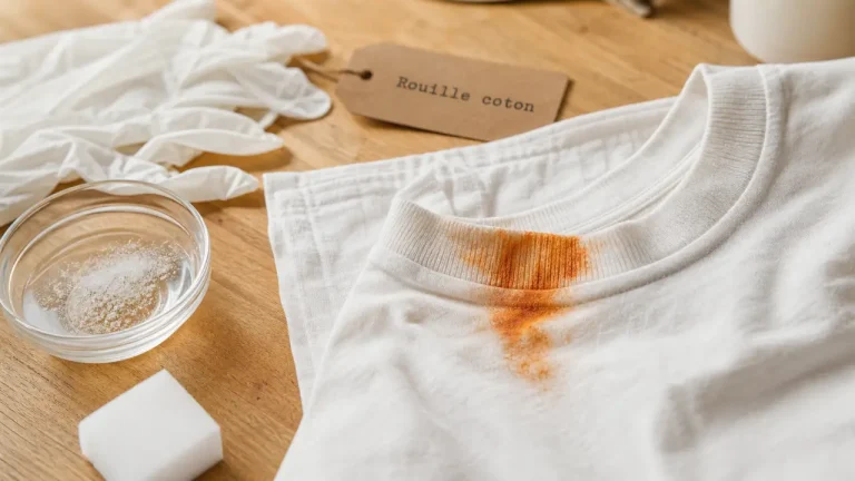 Tache de rouille sur coton traitée à l’acide citrique sur t-shirt blanc