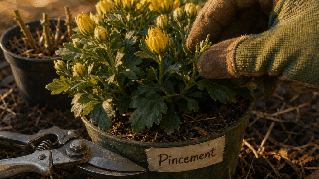 Taille chrysanthème : pincement au sécateur sur jeunes tiges