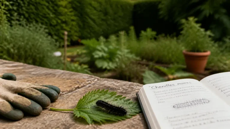 Chenilles noires : chenille noire poilue sur feuille d’ortie