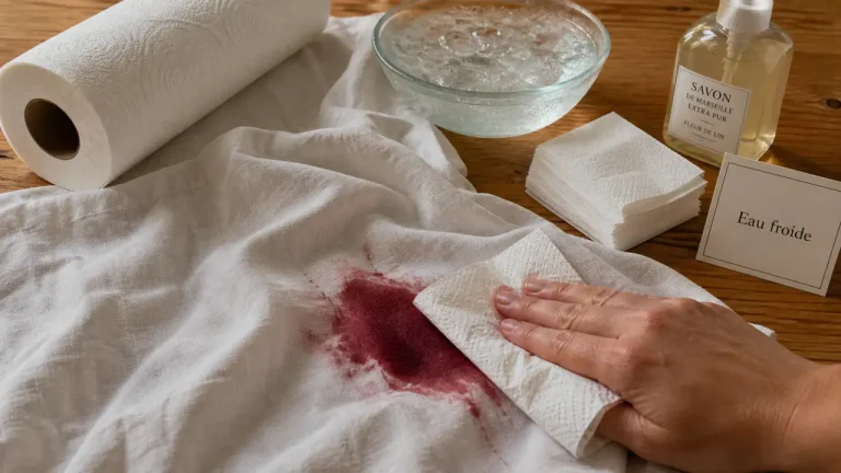 Comment enlever des taches de vin rouge : eau froide et gestes à éviter, 15 minutes.