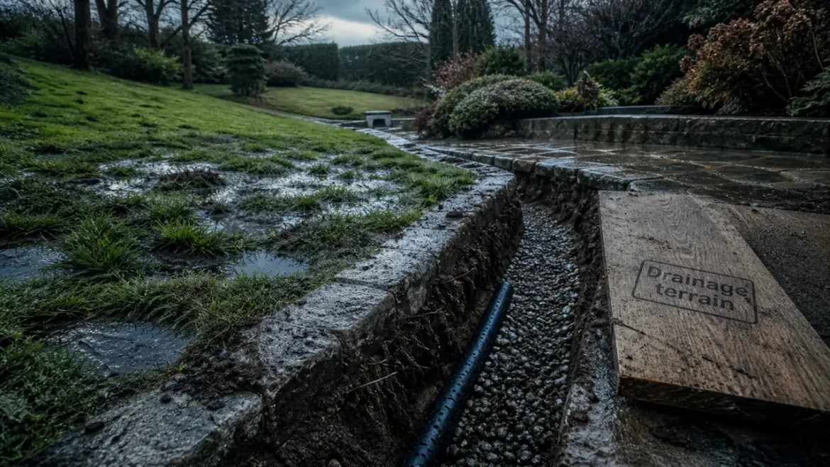 Drainer un terrain gorgé d’eau : tuyau de drainage perforé et exutoire après pluie
