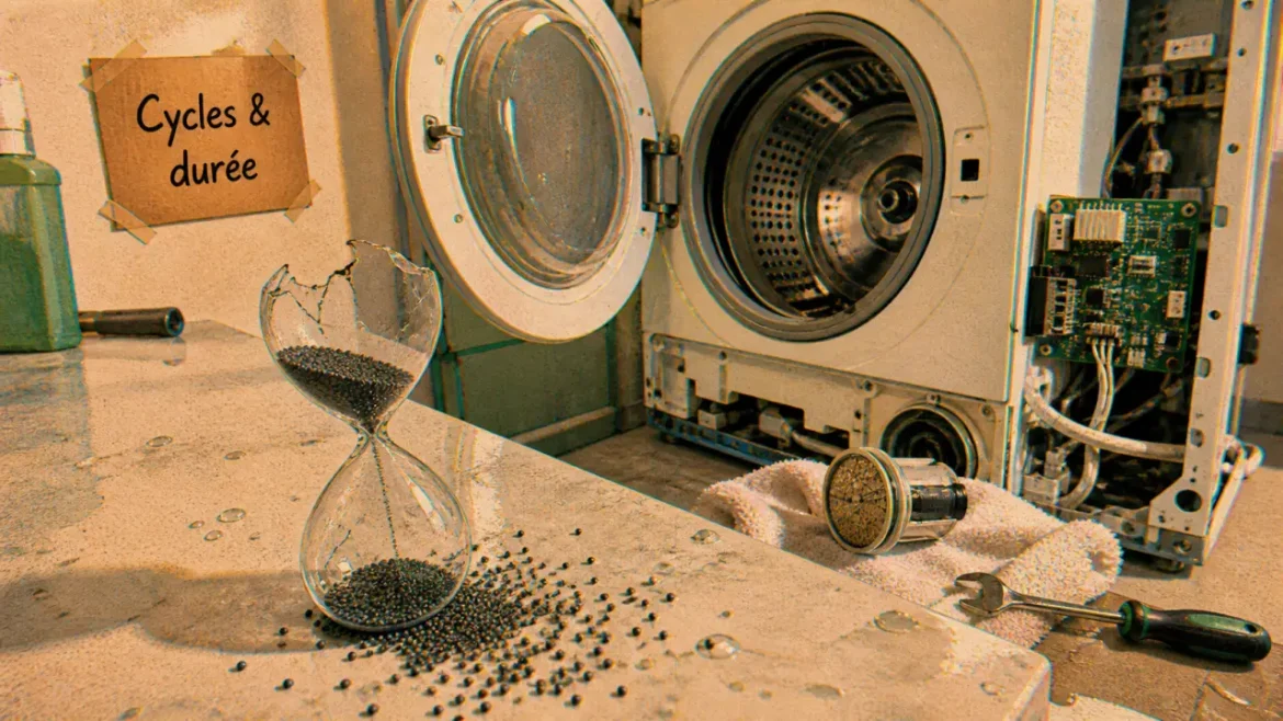 Durée de vie machine à laver : cycles, sablier et lave-linge ouvert