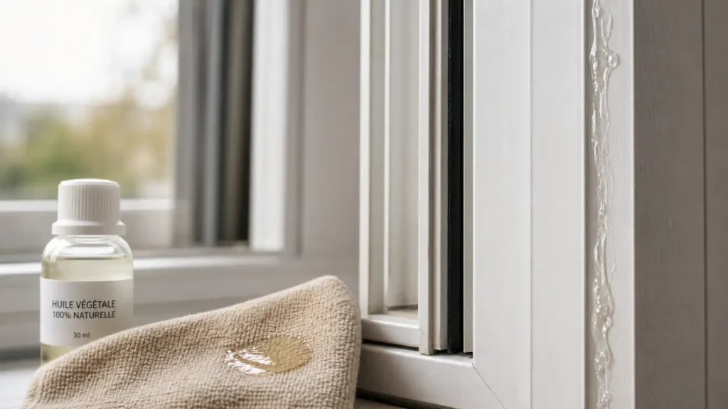 Enlever colle sur pvc fenetre : trace de colle sur cadre PVC et chiffon avec liquide huileux