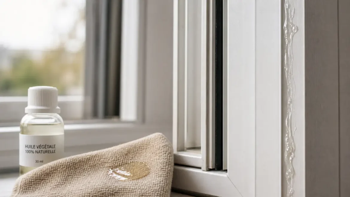 Huile, alcool isopropylique ou acétone : quoi utiliser pour enlever la colle sur une fenêtre PVC ? Enlever colle sur pvc fenetre : trace de colle sur cadre PVC et chiffon avec liquide huileux