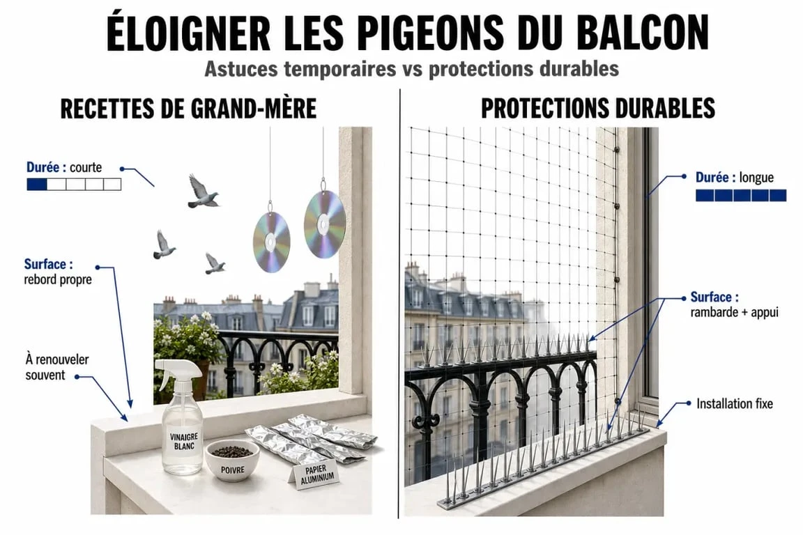 Recette de grand mere pour faire fuir les pigeons : comparaison visuelle entre astuces maison et protections durables sur un balcon