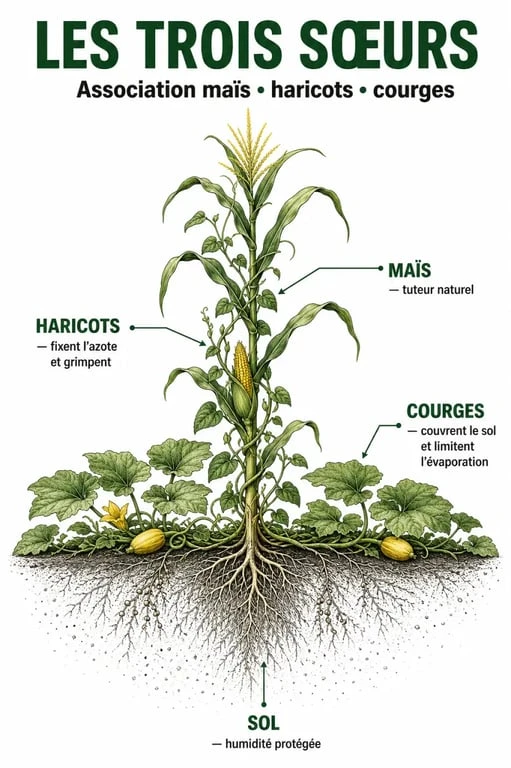 Association potagere : schéma des Trois Sœurs avec maïs, haricots grimpants et courges