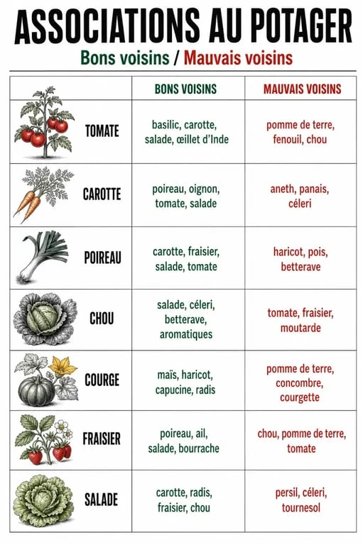 Association potagere : bons et mauvais voisins pour tomates, carottes, poireaux, choux, courges et fraisiers