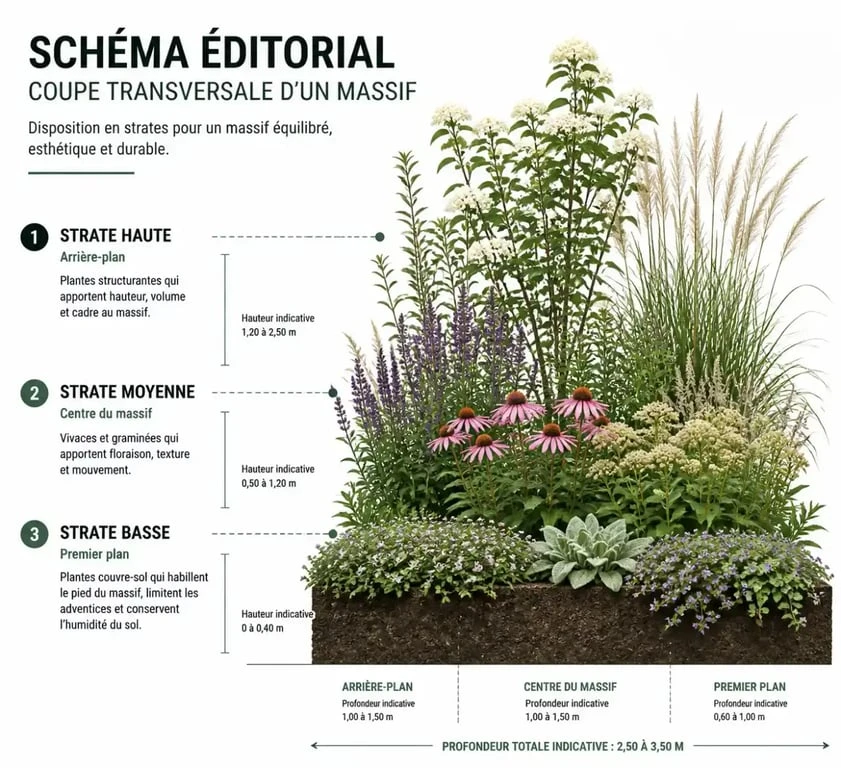 Schéma de plantation pour créer un massif sans entretien avec des strates végétales