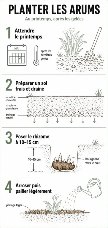 Quand planter les arums : illustration des étapes de plantation au printemps après les gelées