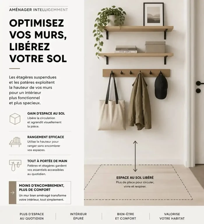 Rangement malin vertical avec étagères murales pour optimiser l'espace