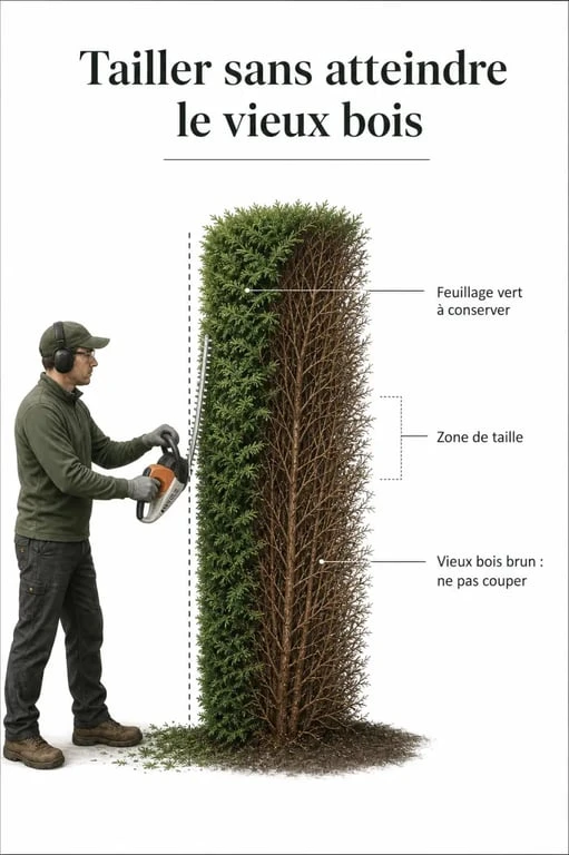 Thuya taille sévère : schéma de coupe progressive dans le feuillage vert en évitant le vieux bois