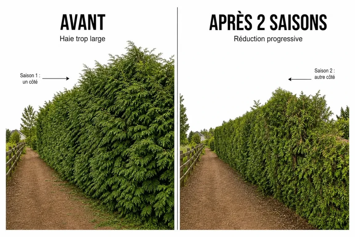 Thuya taille sévère : avant-après d’une haie reprise progressivement sans couper dans le vieux bois