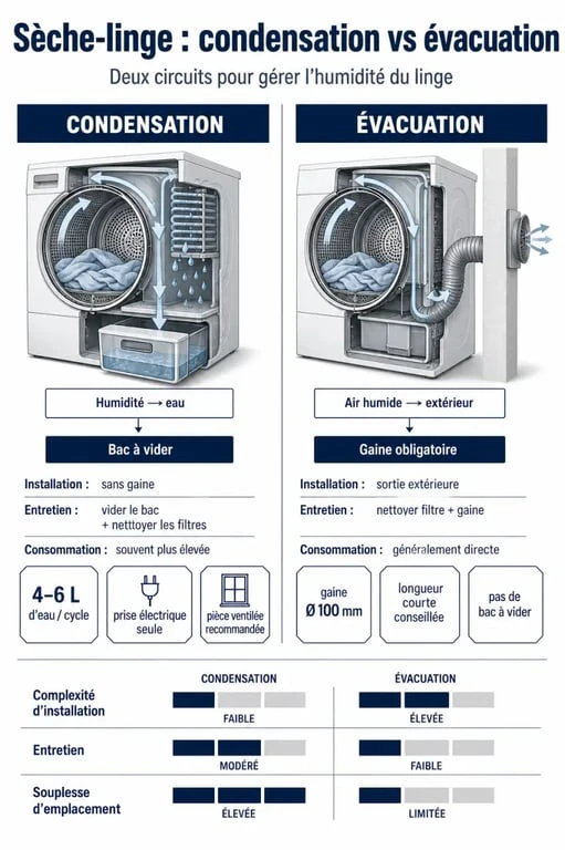 Infographie comparative sur la sèche linge condensation ou évacuation différence, avec installation, entretien et consommation