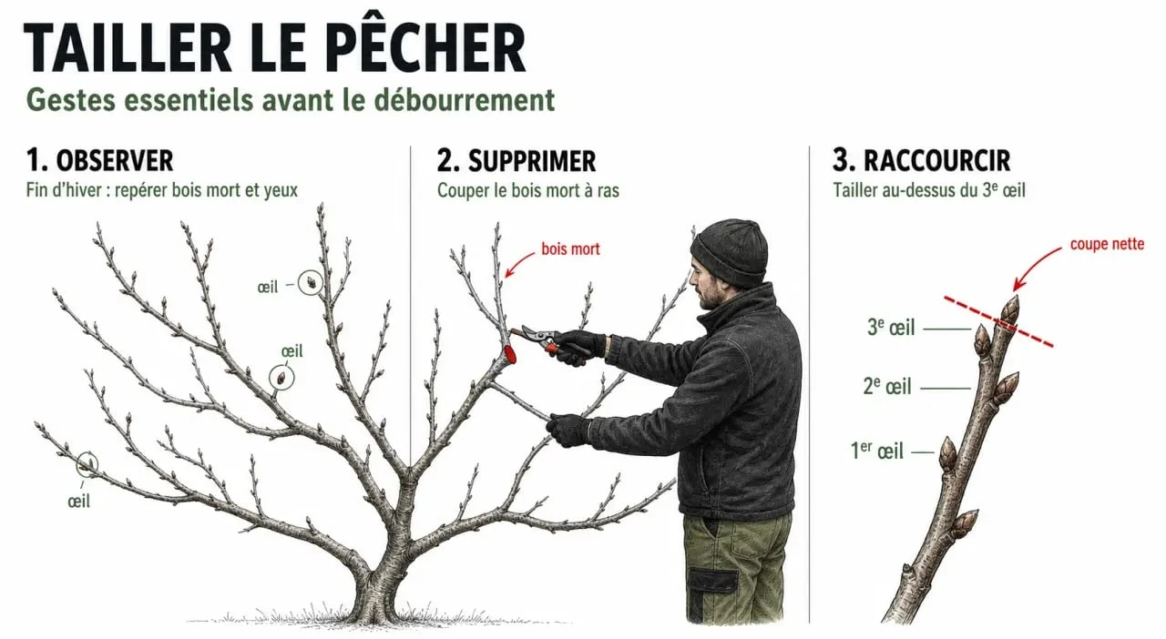 Taille des pêchers quand : illustration d’un pêcher taillé en fin d’hiver avec les gestes essentiels