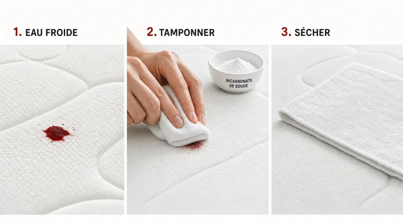 Comment enlever sang sur matelas : démonstration visuelle du tamponnage à l’eau froide et du séchage