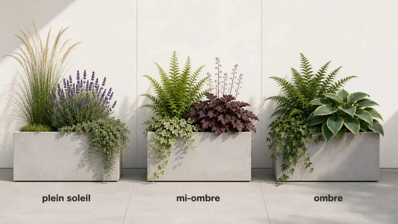 Idée composition jardinière extérieure vivaces en trois exemples selon plein soleil, mi-ombre et ombre