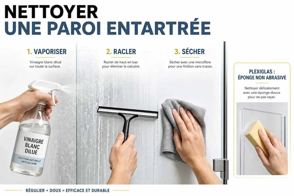 Nettoyer paroi douche calcaire avec vinaigre blanc, raclette et microfibre sur une paroi en verre