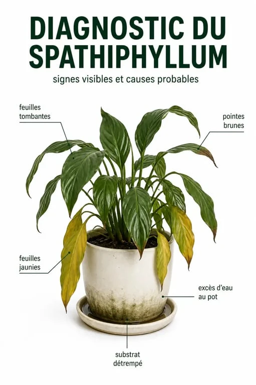 Diagnostiquer les problèmes pour entretenir un spathiphyllum avec feuilles tombantes, brunes ou jaunies
