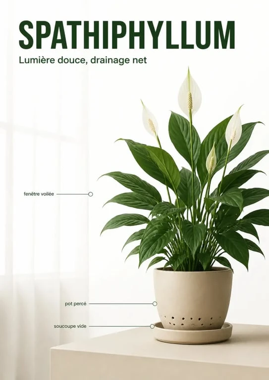 Entretenir un spathiphyllum dans une pièce lumineuse avec pot drainé et lumière indirecte