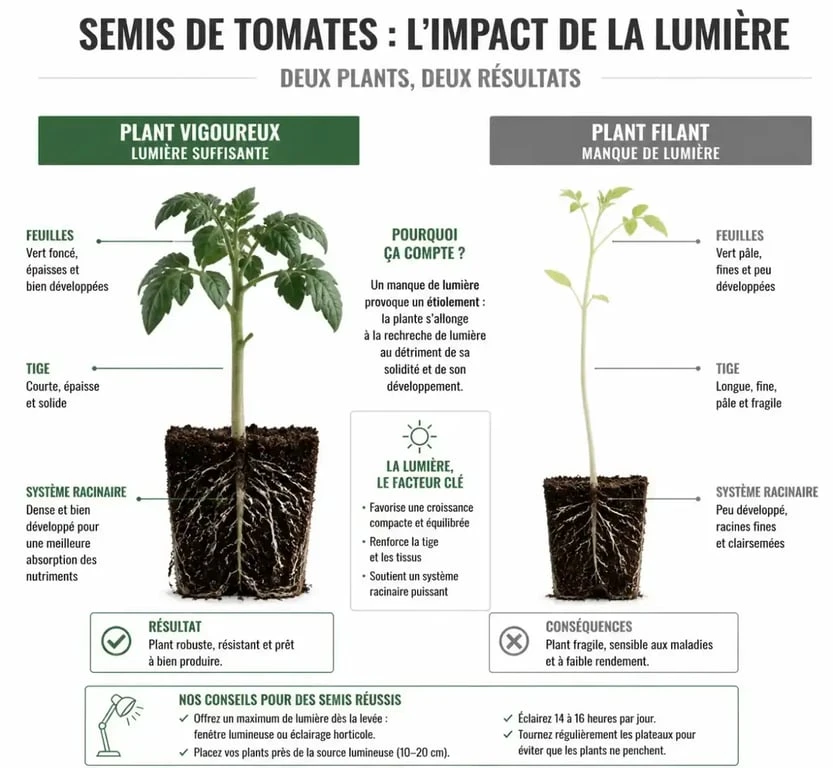 Comparaison visuelle entre un plant de tomate vigoureux et un plant filant dû à un manque de lumière lors du semis de tomates